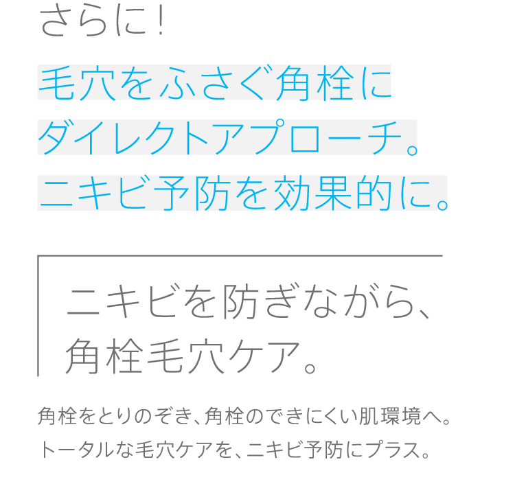 さらに!毛穴をふさぐ角栓にダイレクトアプローチ。ニキビ予防を効果的に。