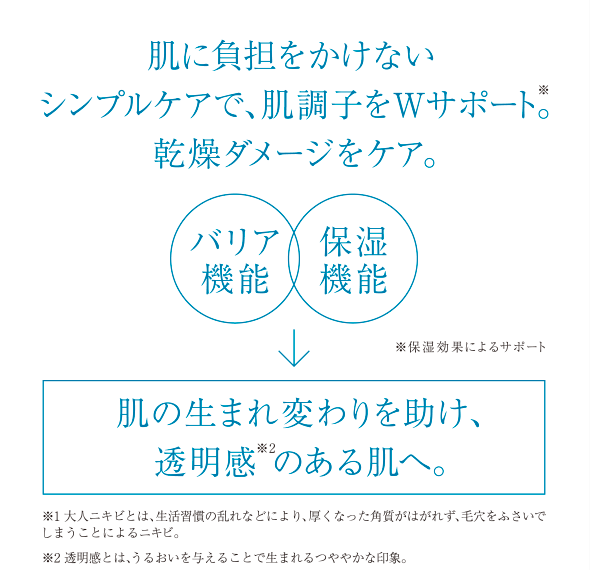 肌に負担をかけないシンプルケアで、肌調子をWサポート。乾燥ダメージをケア。 バリア機能 保湿機能 肌の生まれ変わりを助け、透明感のある肌へ。