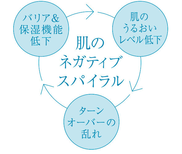 バリア&保湿機能低下 肌のうるおいレベル低下 ターンオーバーの乱れ 肌のネガティブスパイラル