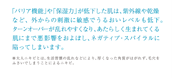 「バリア機能」や「保湿力」が低下した肌は、紫外線や乾燥など、外からの刺激に敏感でうるおいレベルも低下。　ターンオーバーが乱れやすくなり、あたらしく生まれてくる肌にまで悪影響をおよぼし、ネガティブ・スパイラルに陥ってしまいます。
