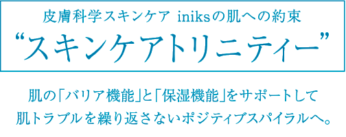 皮膚科学スキンケア iniksの肌への約束“スキンケアトリニティー” 肌の「バリア機能」と「保湿機能」をサポートして肌トラブルを繰り返さないポジティブスパイラルへ。